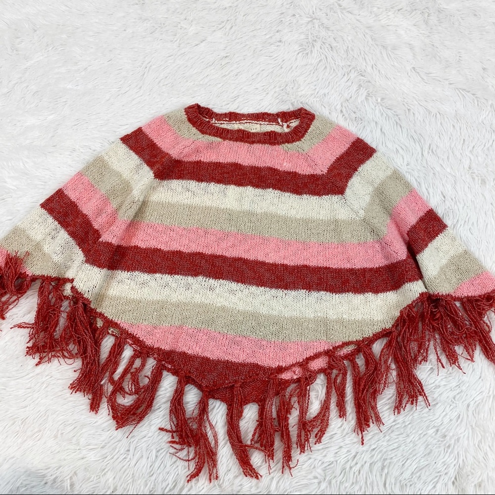 Copper Key striped‎ sweater poncho fringed hem